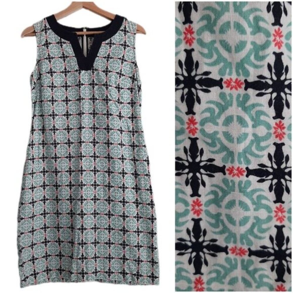 TALBOTS Linen Cotton Blend Wood Block Pattern Mini Shift Dress Mini Blue Sz 4